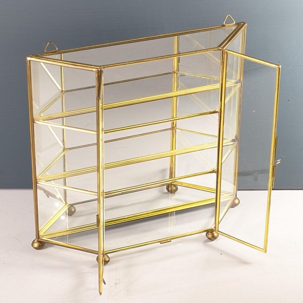 Vintage Brass glass mirror curio cabinet display box, miniature display case